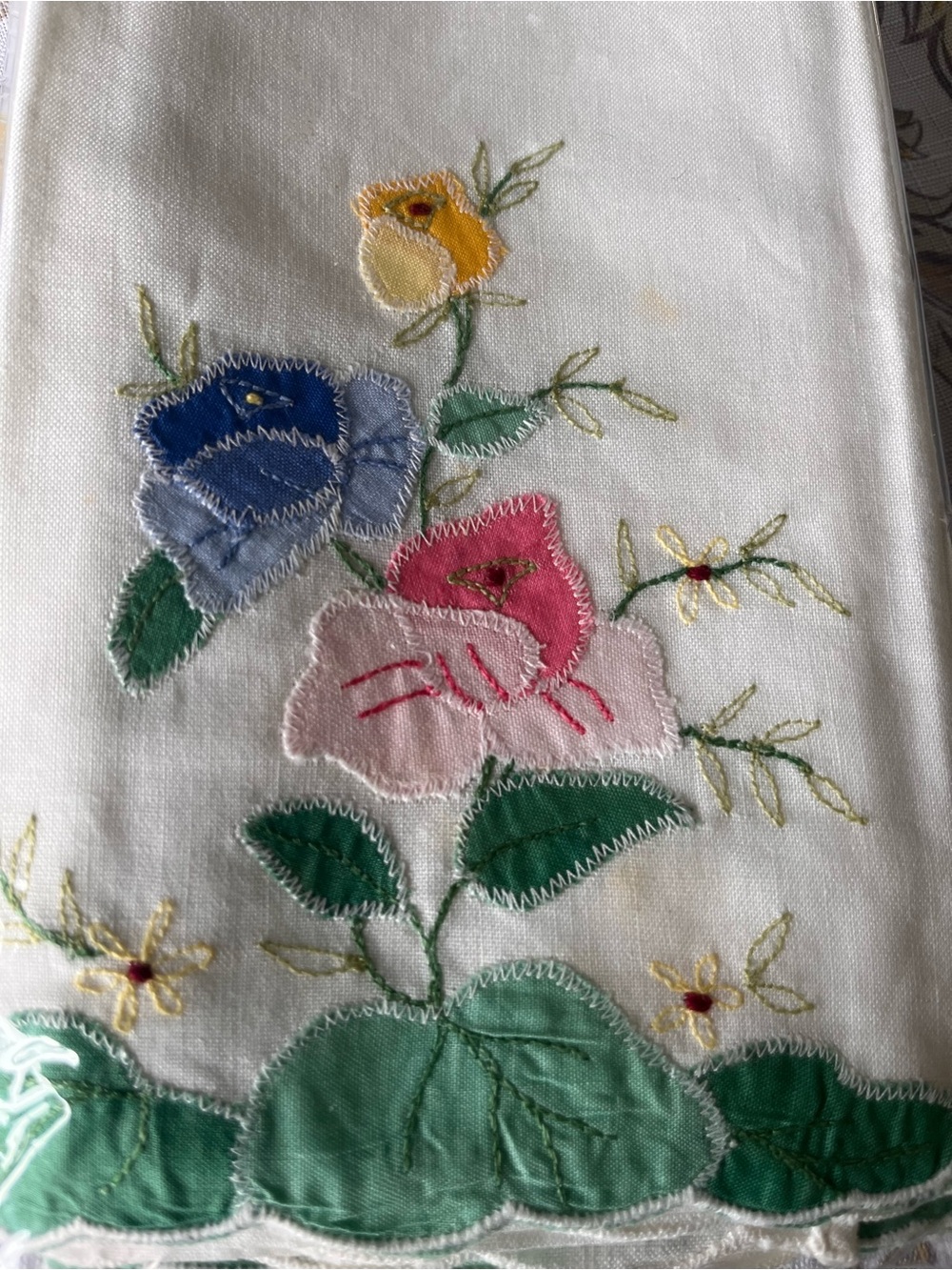 Hand-Appliqué Floral Linen Panel in Multicolor Roses